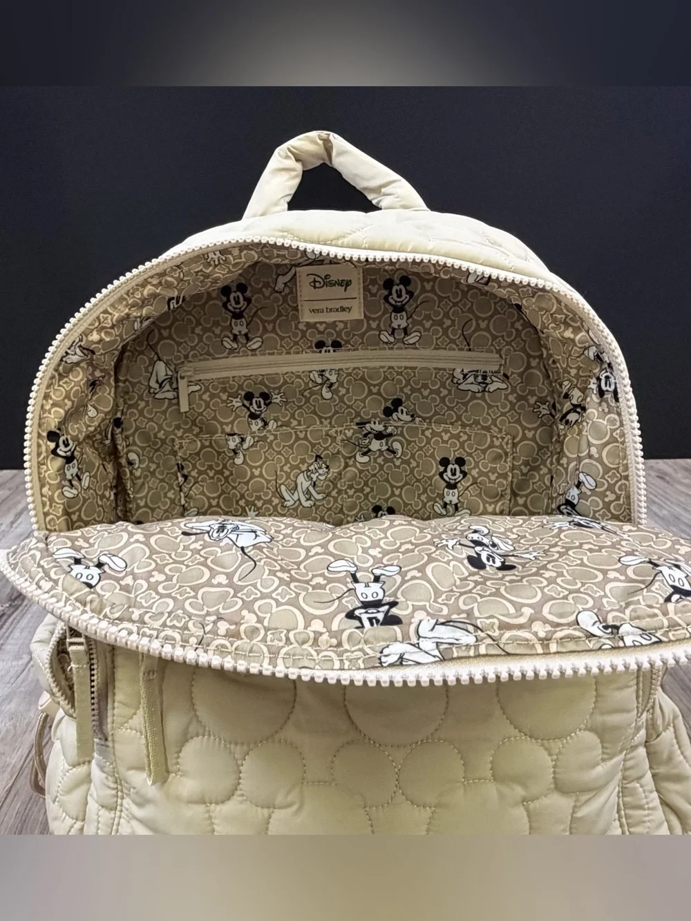 Vera Bradley Disney Bancroft Backpack Quilted Mickey Pumice Stone Beige NEW